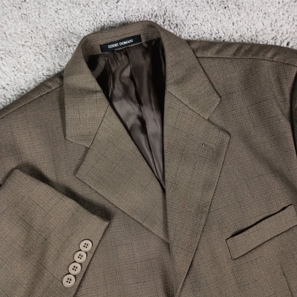 Eddie Domani 42R 36W Mens Brown Glen Plaid 3-Button 2-Piece Suit Polyester Rayon